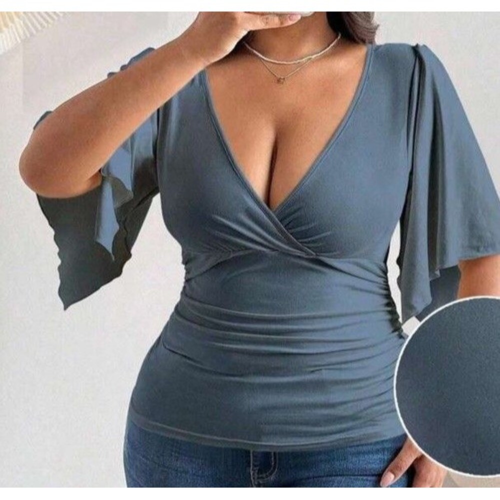 SHEIN Curve Womens Blue Ruched V-Neck Flutter Short Sleeve Stretch Blouse 0X